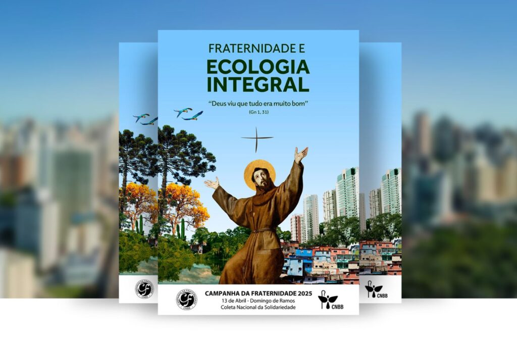 Cartaz da Campanha da Fraternidade mostra São Francisco de Assis, grandes prédios, favela e natureza - Foto: Arte CNBB