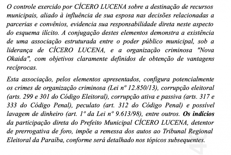 Manifestação do Ministério Público Eleitoral sobre a participação do prefeito Cícero Lucena no esquema investigado pela Operação Território Livre
