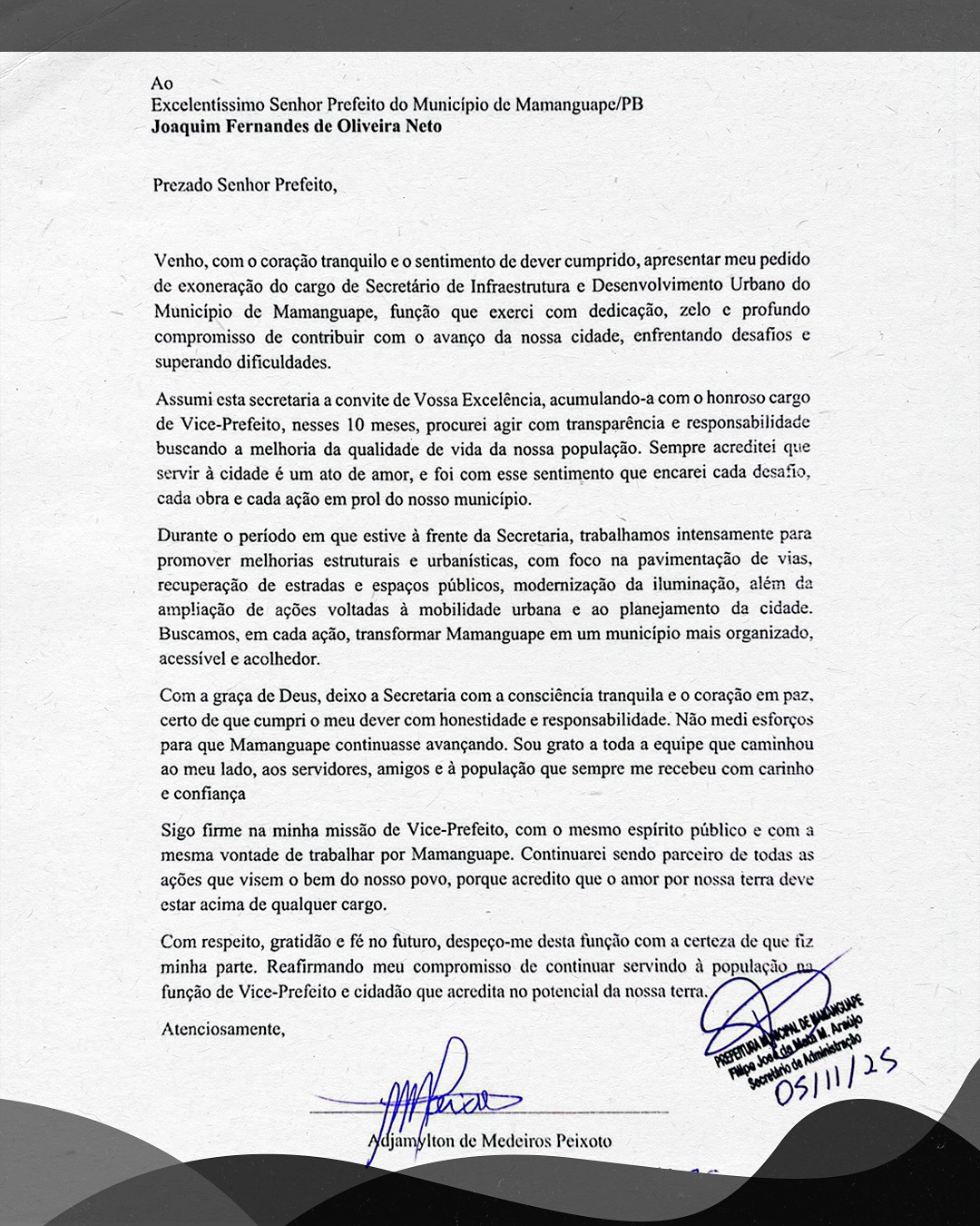 Carta divulgada pelo vice-prefeito Miltinho Peixoto — Foto: Redes Sociais