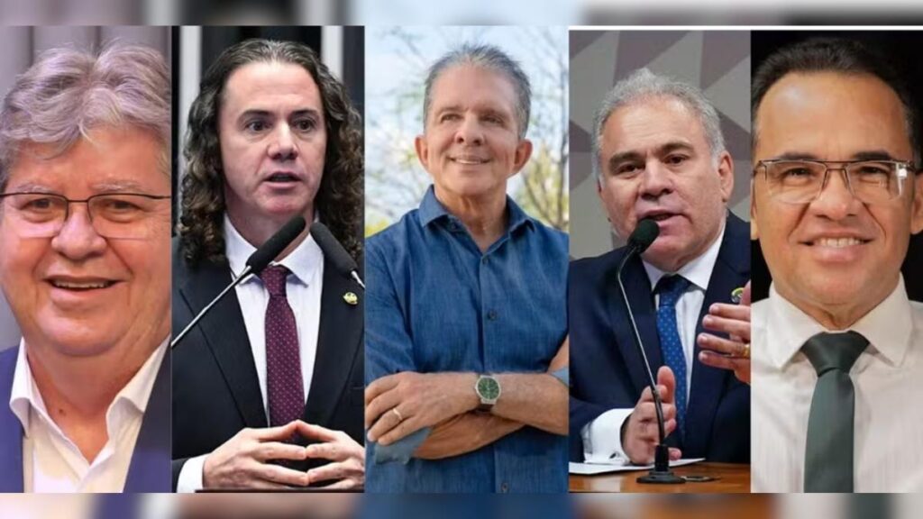 João Azevêdo, Veneziano Vital, Nabor Wanderley, Marcelo Queiroga e Major Fábio, candidatos ao Senado pela Paraíba — Foto: Arte/g1