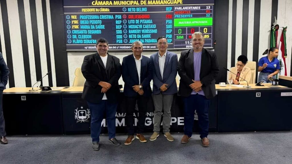 Nova composição da Mesa Diretora formada por Neto Belino, presidente; Lito de Pitanga, vice; Diego Peixoto, 1º secretário; e Rany Veríssimo, 2º secretário. — Foto: Divulgação